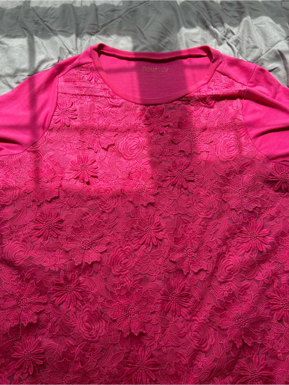 💚3/$25 18/20 Roaman's Bright Pink Floral Lace Short Sleeve Top